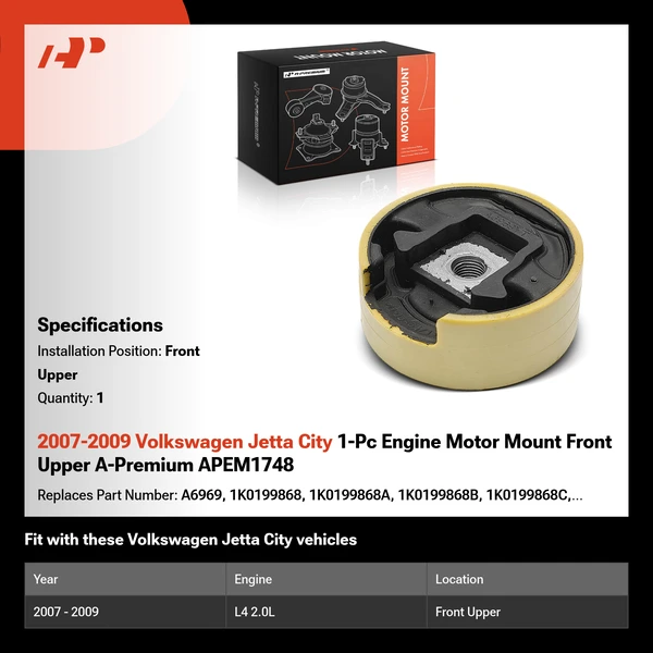 2007-2009 Volkswagen Jetta City 1-Pc Engine Motor Mount Front Upper A-Premium APEM1748