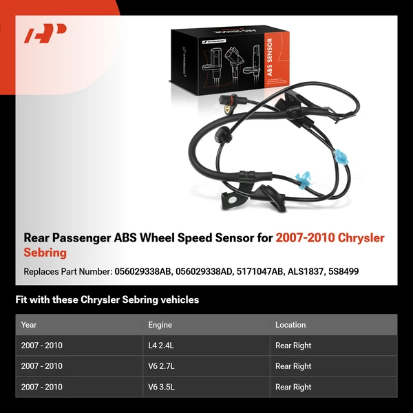 Rear Passenger ABS Wheel Speed Sensor for 2007-2010 Chrysler Sebring