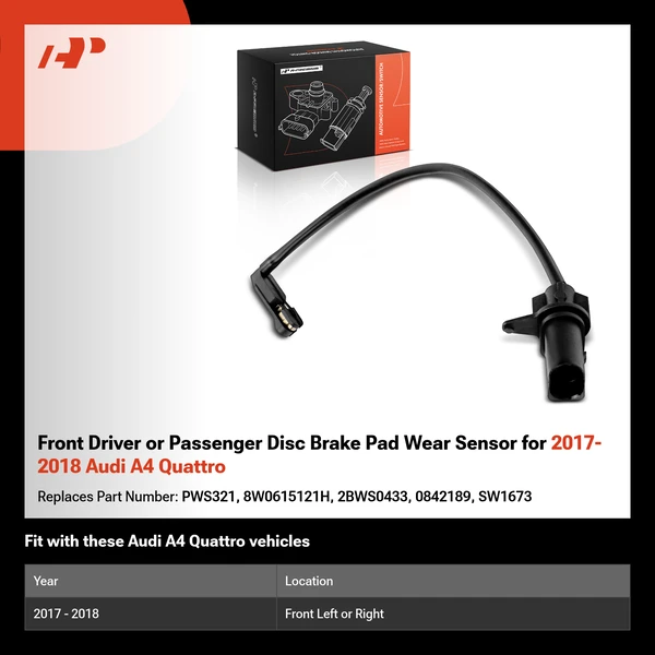 Front Driver or Passenger Disc Brake Pad Wear Sensor for 2017-2018 Audi A4 Quattro