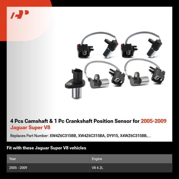 4 Pcs Camshaft & 1 Pc Crankshaft Position Sensor for 2005-2009 Jaguar Super V8