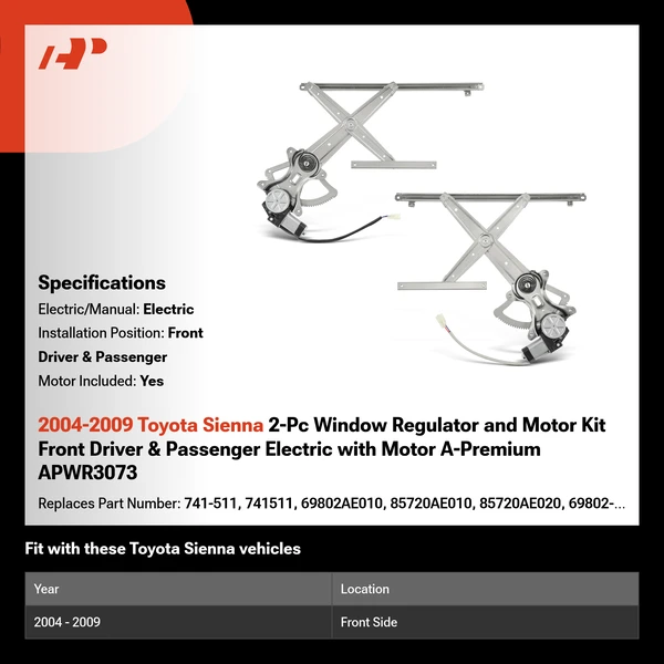 2004-2009 Toyota Sienna 2-Pc Window Regulator and Motor Kit Front Driver & Passenger Electric with Motor A-Premium APWR3073
