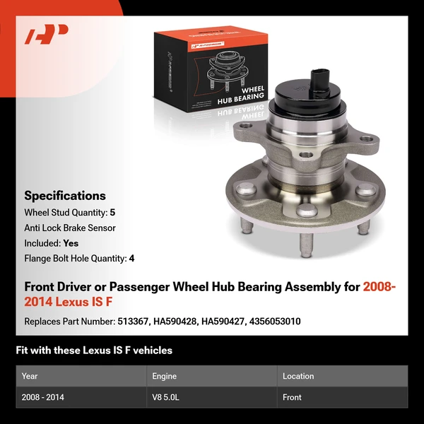 Front Driver or Passenger Wheel Hub Bearing Assembly for 2008-2014 Lexus IS F