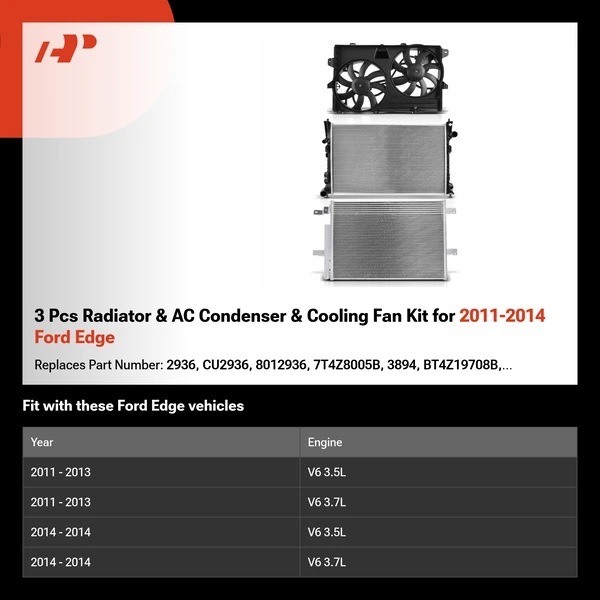 3 Pcs Radiator & AC Condenser & Cooling Fan Kit for 2011-2014 Ford Edge