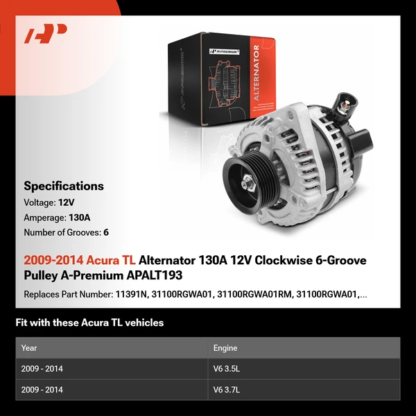 2009-2014 Acura TL Alternator 130A 12V Clockwise 6-Groove Pulley A-Premium APALT193