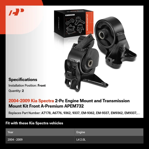 2004-2009 Kia Spectra 2-Pc Engine Mount and Transmission Mount Kit Front A-Premium APEM732