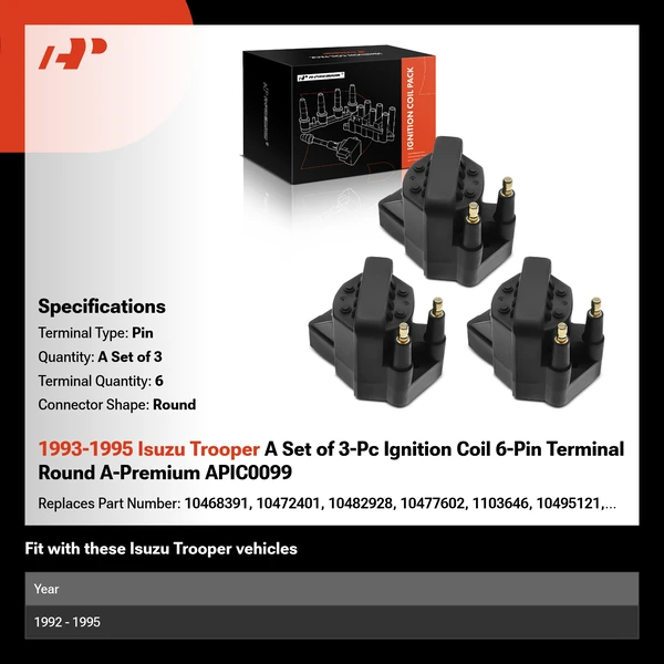 1993-1995 Isuzu Trooper A Set of 3-Pc Ignition Coil 6-Pin Terminal Round A-Premium APIC0099
