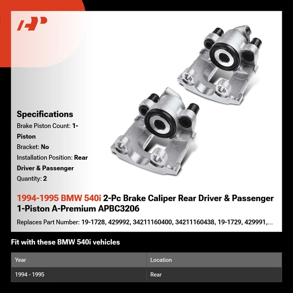 1994-1995 BMW 540i 2-Pc Brake Caliper Rear Driver & Passenger 1-Piston A-Premium APBC3206