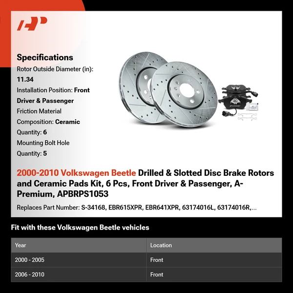 2000-2010 Volkswagen Beetle Drilled & Slotted Disc Brake Rotors and Ceramic Pads Kit, 6 Pcs, Front Driver & Passenger, A-Premium, APBRPS1053
