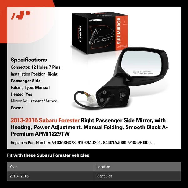 2013-2016 Subaru Forester Right Passenger Side Mirror, with Heating, Power Adjustment, Manual Folding, Smooth Black A-Premium APMI1229TW