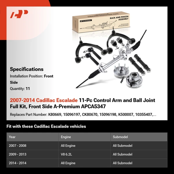 2007-2014 Cadillac Escalade 11-Pc Control Arm and Ball Joint Full Kit, Front Side A-Premium APCA5347