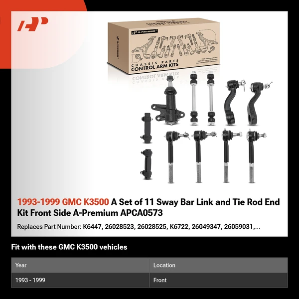 1993-1999 GMC K3500 A Set of 11 Sway Bar Link and Tie Rod End Kit Front Side A-Premium APCA0573