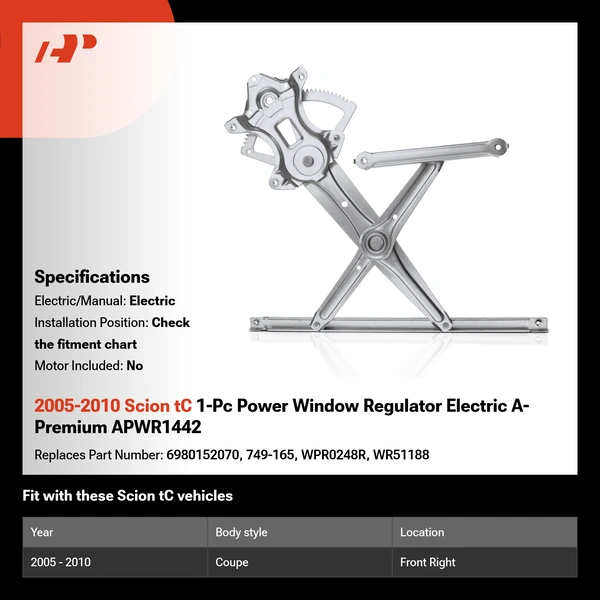 2005-2010 Scion tC 1-Pc Power Window Regulator Electric A-Premium APWR1442