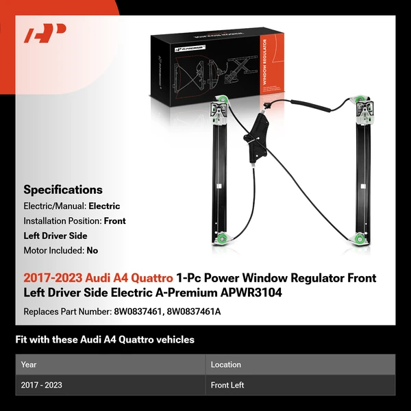 2017-2023 Audi A4 Quattro 1-Pc Power Window Regulator Front Left Driver Side Electric A-Premium APWR3104