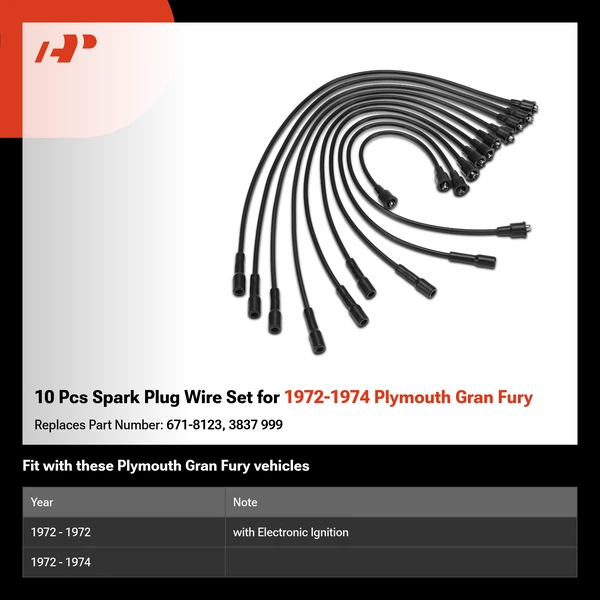 10 Pcs Spark Plug Wire Set for 1972-1974 Plymouth Gran Fury