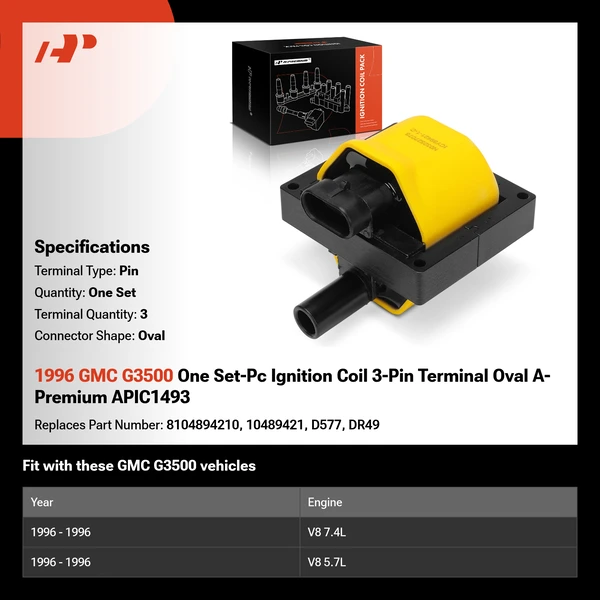 1996 GMC G3500 One Set-Pc Ignition Coil 3-Pin Terminal Oval A-Premium APIC1493