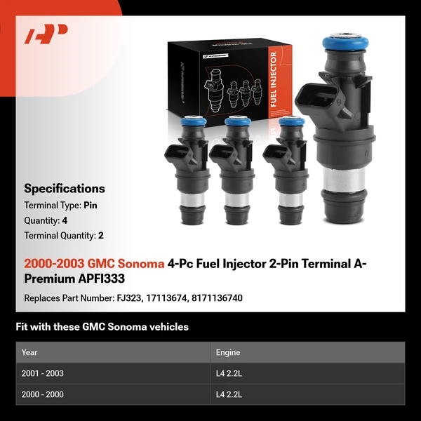 2000-2003 GMC Sonoma 4-Pc Fuel Injector 2-Pin Terminal A-Premium APFI333