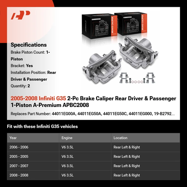 2005-2008 Infiniti G35 2-Pc Brake Caliper Rear Driver & Passenger 1-Piston A-Premium APBC2008