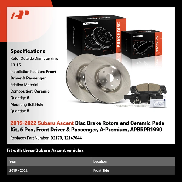 2019-2022 Subaru Ascent Disc Brake Rotors and Ceramic Pads Kit, 6 Pcs, Front Driver & Passenger, A-Premium, APBRPR1990