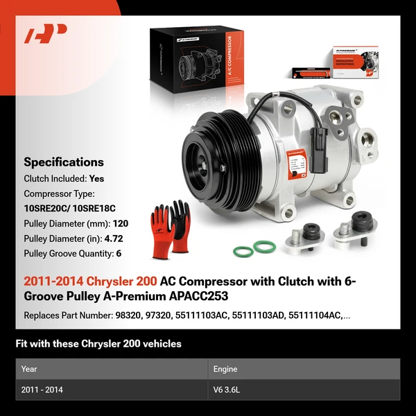 2011-2014 Chrysler 200 AC Compressor with Clutch with 6-Groove Pulley A-Premium APACC253