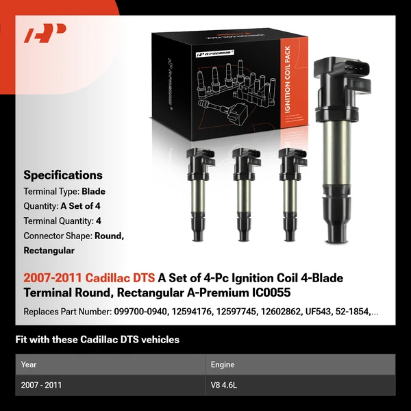 2007-2011 Cadillac DTS A Set of 4-Pc Ignition Coil 4-Blade Terminal Round, Rectangular A-Premium IC0055