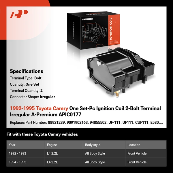 1992-1995 Toyota Camry One Set-Pc Ignition Coil 2-Bolt Terminal Irregular A-Premium APIC0177