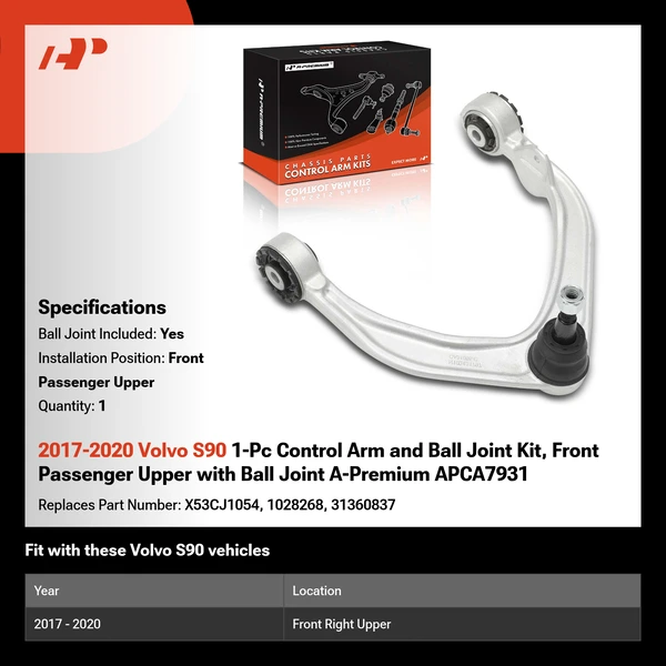 2017-2020 Volvo S90 1-Pc Control Arm and Ball Joint Kit, Front Passenger Upper with Ball Joint A-Premium APCA7931