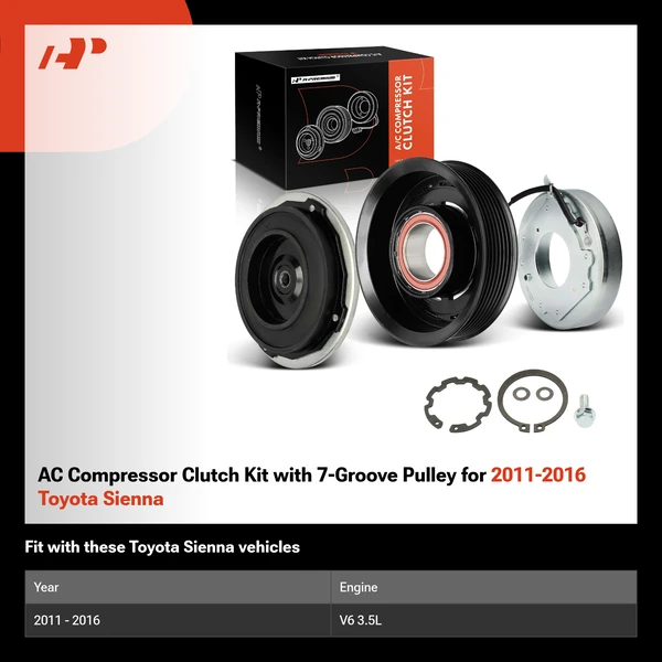 AC Compressor Clutch Kit with 7-Groove Pulley for 2011-2016 Toyota Sienna