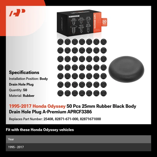 1995-2017 Honda Odyssey 50 Pcs 25mm Rubber Black Body Drain Hole Plug A-Premium APRCF3386