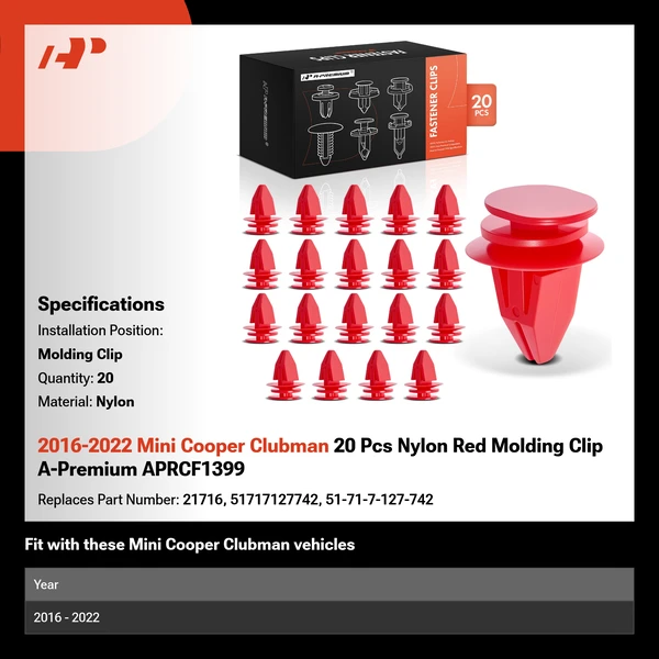 2016-2022 Mini Cooper Clubman 20 Pcs Nylon Red Molding Clip A-Premium APRCF1399