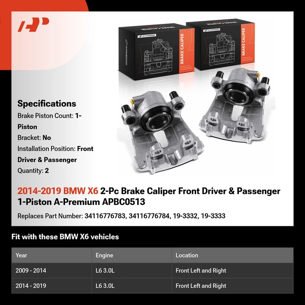 2014-2019 BMW X6 2-Pc Brake Caliper Front Driver & Passenger 1-Piston A-Premium APBC0513