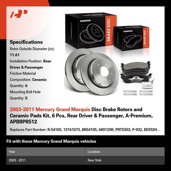 2003-2011 Mercury Grand Marquis Disc Brake Rotors and Ceramic Pads Kit, 6 Pcs, Rear Driver & Passenger, A-Premium, APBRPR512