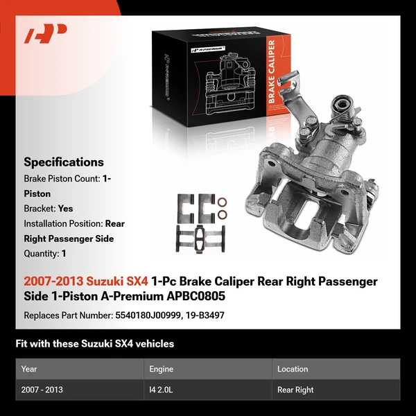 2007-2013 Suzuki SX4 1-Pc Brake Caliper Rear Right Passenger Side 1-Piston A-Premium APBC0805