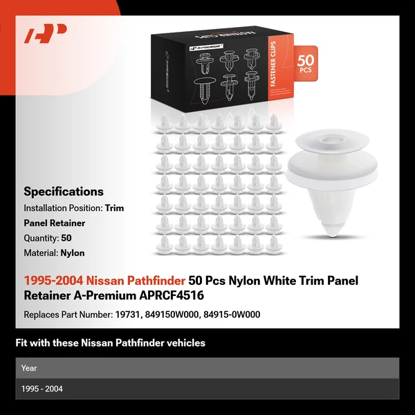 1995-2004 Nissan Pathfinder 50 Pcs Nylon White Trim Panel Retainer A-Premium APRCF4516