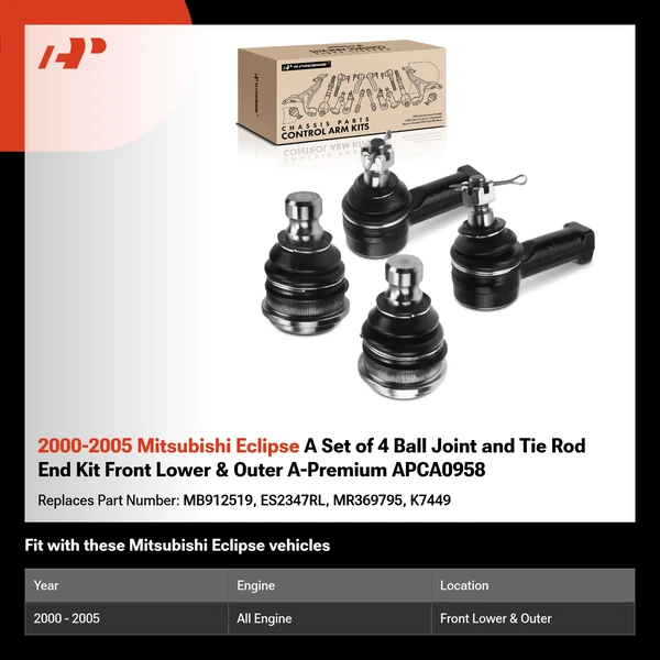 2000-2005 Mitsubishi Eclipse A Set of 4 Ball Joint and Tie Rod End Kit Front Lower & Outer A-Premium APCA0958