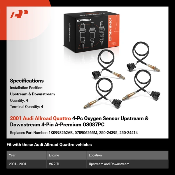 2001 Audi Allroad Quattro 4-Pc Oxygen Sensor Upstream & Downstream 4-Pin A-Premium OS087PC