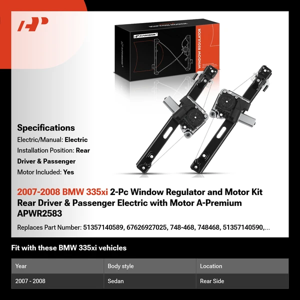 2007-2008 BMW 335xi 2-Pc Window Regulator and Motor Kit Rear Driver & Passenger Electric with Motor A-Premium APWR2583