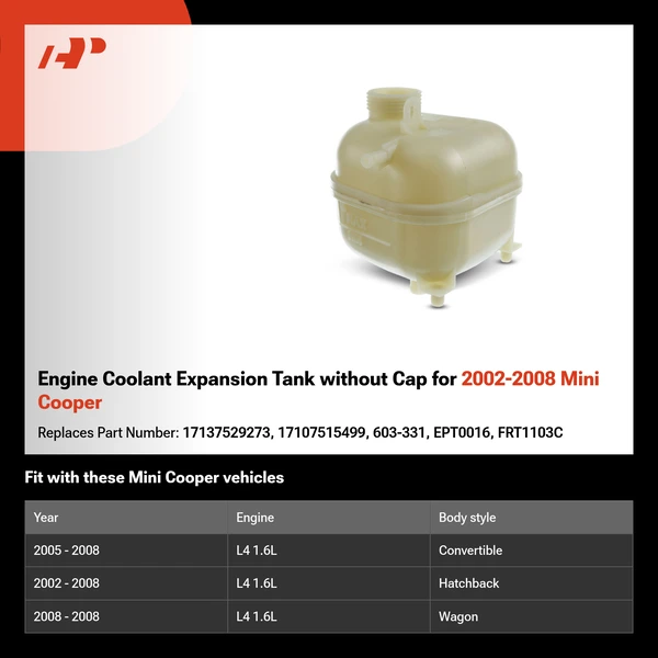 Engine Coolant Expansion Tank without Cap for 2002-2008 Mini Cooper