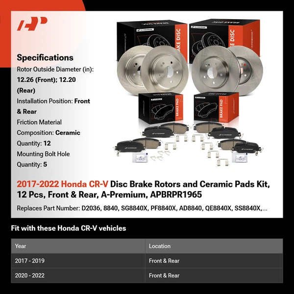 2017-2022 Honda CR-V Disc Brake Rotors and Ceramic Pads Kit, 12 Pcs, Front & Rear, A-Premium, APBRPR1965