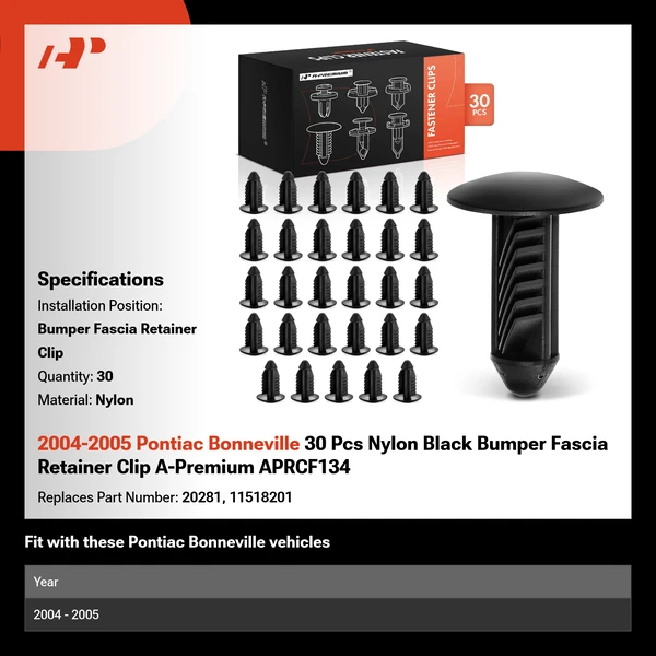 2004-2005 Pontiac Bonneville 30 Pcs Nylon Black Bumper Fascia Retainer Clip A-Premium APRCF134