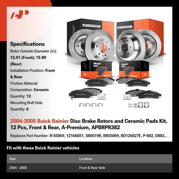 2004-2005 Buick Rainier Disc Brake Rotors and Ceramic Pads Kit, 12 Pcs, Front & Rear, A-Premium, APBRPR382
