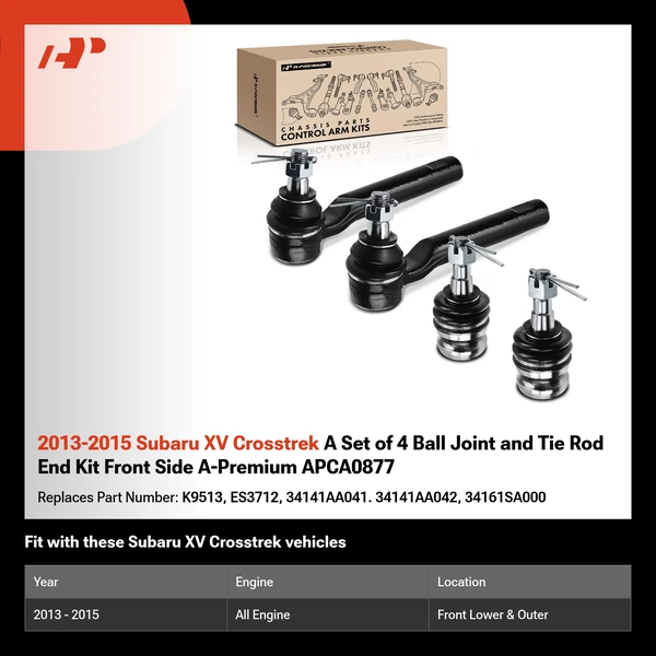 2013-2015 Subaru XV Crosstrek A Set of 4 Ball Joint and Tie Rod End Kit Front Side A-Premium APCA0877