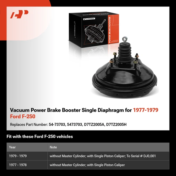 Vacuum Power Brake Booster Single Diaphragm for 1977-1979 Ford F-250