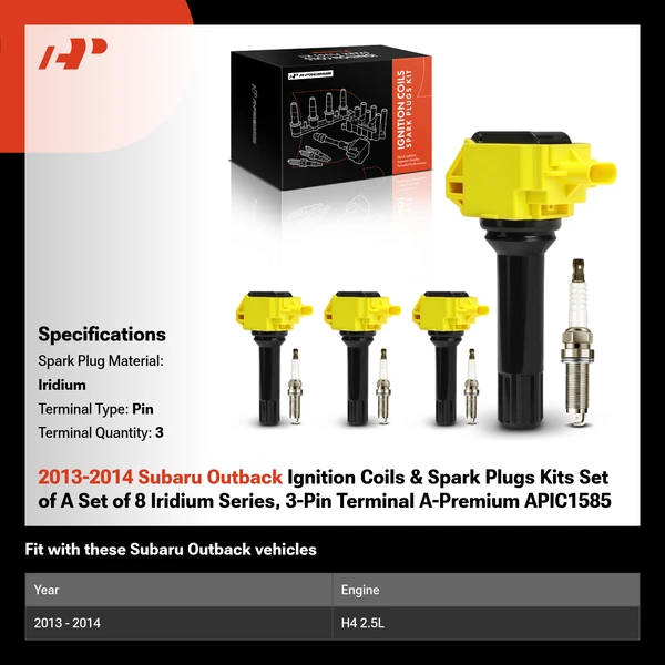 2013-2014 Subaru Outback Ignition Coils & Spark Plugs Kits Set of A Set of 8 Iridium Series, 3-Pin Terminal A-Premium APIC1585