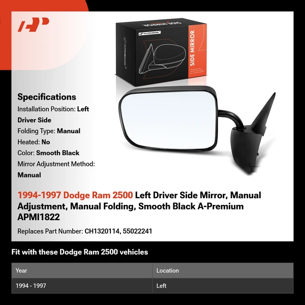 1994-1997 Dodge Ram 2500 Left Driver Side Mirror, Manual Adjustment, Manual Folding, Smooth Black A-Premium APMI1822