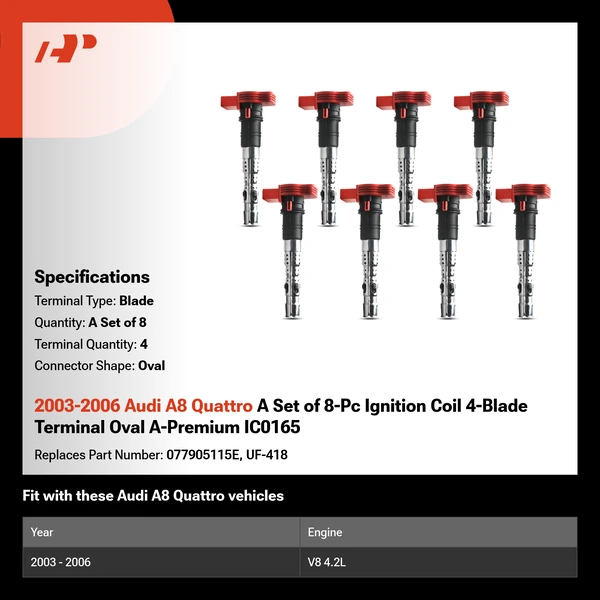2003-2006 Audi A8 Quattro A Set of 8-Pc Ignition Coil 4-Blade Terminal Oval A-Premium IC0165