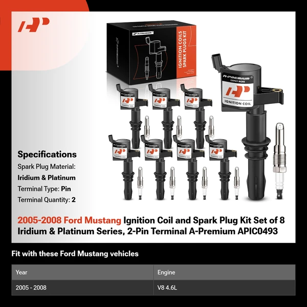 2005-2008 Ford Mustang Ignition Coil and Spark Plug Kit Set of 8 Iridium & Platinum Series, 2-Pin Terminal A-Premium APIC0493