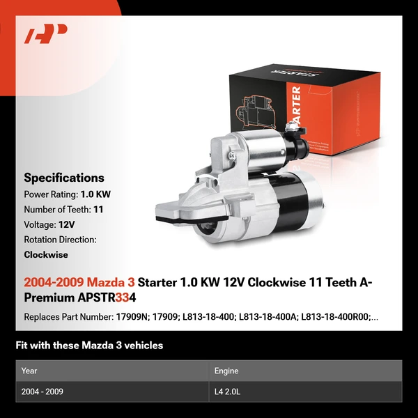 2004-2009 Mazda 3 Starter 1.0 KW 12V Clockwise 11 Teeth A-Premium APSTR334
