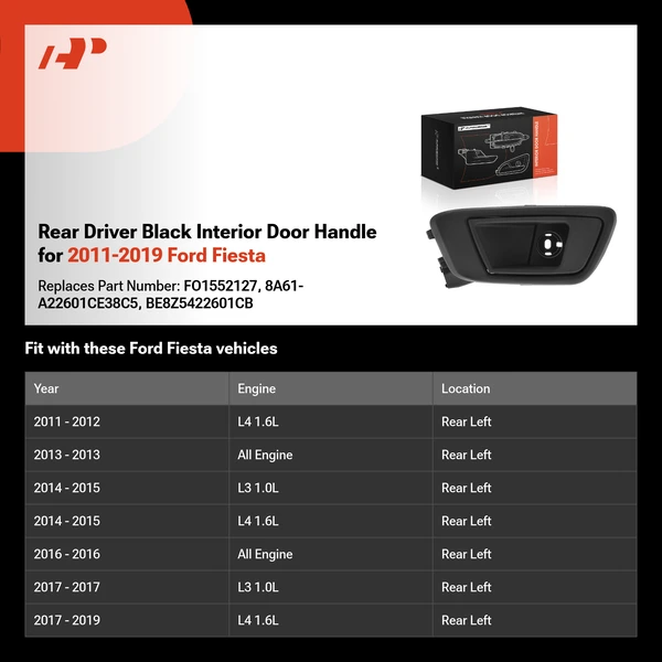 Rear Driver Black Interior Door Handle for 2011-2019 Ford Fiesta