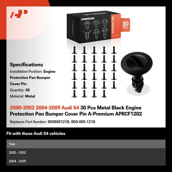 2000-2002 2004-2009 Audi S4 30 Pcs Metal Black Engine Protection Pan Bumper Cover Pin A-Premium APRCF1202