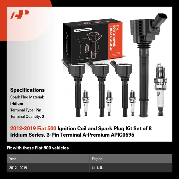 2012-2019 Fiat 500 Ignition Coil and Spark Plug Kit Set of 8 Iridium Series, 3-Pin Terminal A-Premium APIC0695